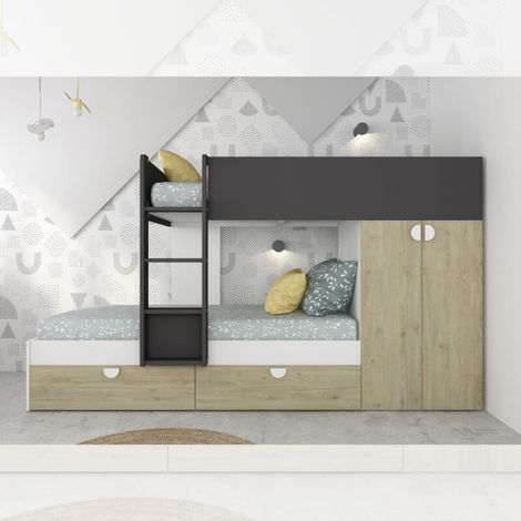 Cameretta con letto a castello con cassettoni e armadio colore rovere e antracite