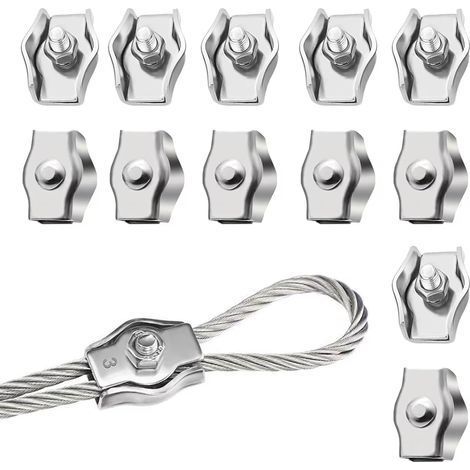 Lot de 12 serre-câbles M3 - 3 mm - En acier inoxydable 304 - Pour câble métallique - Tendeur de corde à linge - Fixé (1/5)