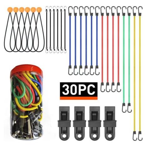 Lot de 30 tendeurs élastiques avec crochets Comprend des tendeurs de 25,4 cm, 45,7 cm, 61 cm, 81,3 cm, 101,6 cm Boules élastiques de bâche de 20,3 cm Clips de bâche (1/5)