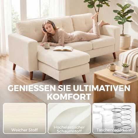 Canapé d'angle 192 cm, 3 places, avec méridienne réversible, aspect velours côtelé, pour petit espace, blanc crème (1/4)