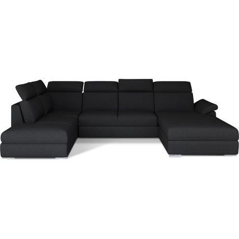 Canapé panoramique convertible LEVANO tissu - Rangement et appuie-têtes réglables à droite-Noir-Coffre à droite (1/5)