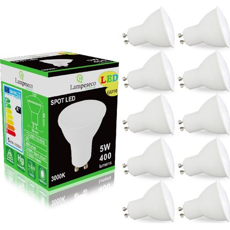 Lampesecoenergie – Pack de 10 ampoules led GU10 5W blanc chaud 3000K – Remplaçantes halogène 50W – Grand angle 120° – Diffusion régulière