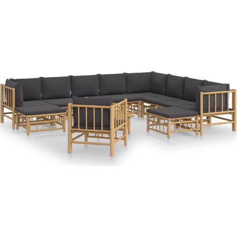 Salon de jardin 12 pcs avec coussins gris foncé bambou (1/5)