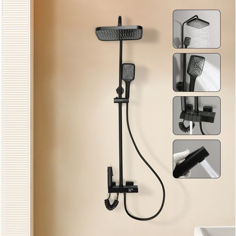 Colonne de Douche Noir,Ensemble de douche pour salle de bains, Quatre modes de jet Affichage LED, Hauteur Réglable 85-120cm, Douchette à Main avec 3 Modes de Douche (1/5)