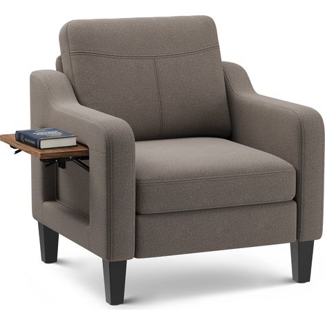COLAMY Moderner Beistellsessel aus Leinenstoff mit Klapptisch und seitlicher Aufbewahrung, ergonomischer Stuhl mit Memory-Schaum, vielseitiger Mid-Century-Stil, Braun (1/5)