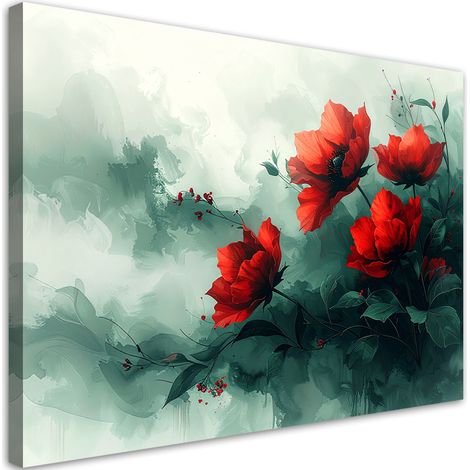 Impression sur Toile, Coquelicots rouges enveloppés dans une délicate brume verte,30x20 (1/4)