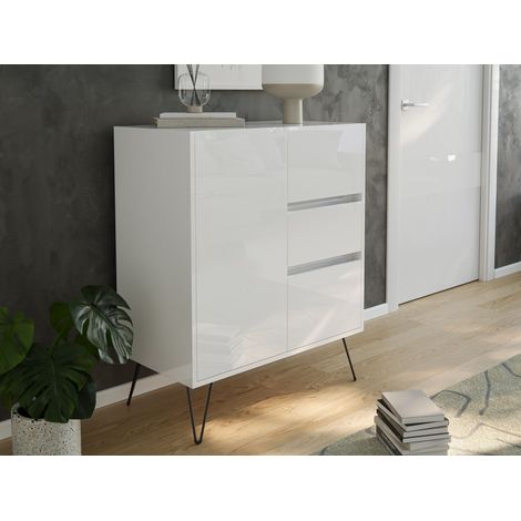 Design Sideboard Kommode Rauk 80cm 3 Greifraum SoftClose 1 Tür Weiß hochglanz (1/5)