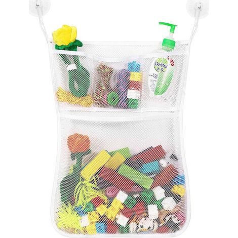 Organisateur de Jouets de Bain avec 4 Poches Sac de Rangement de Salle de Bain en Filet et 2 Pièces Ventouses Fortes pour Jouets de Douche Baignoire Bébé Toilettes