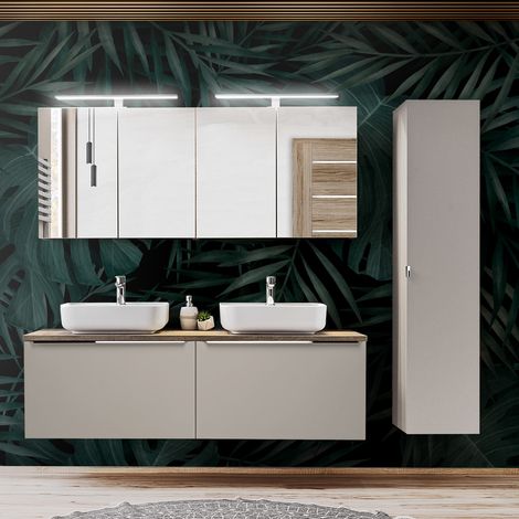 Badmöbel Set in taupe mit Vintage Eiche PUEBLA-56-TAUPE Waschtisch mit 2 Keramik-Waschbecken, 2 LED-Spiegelschränke & Hochschrank, B/H/T 215/200/46 cm (1/5)