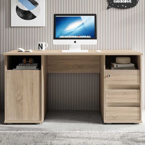 Bureau Primos 145cm avec 3 tiroirs &amp 1 porte - chêne