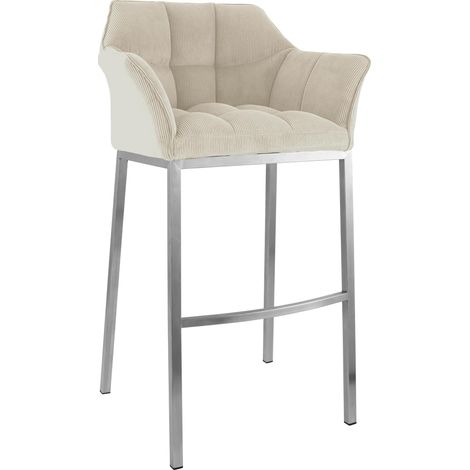 Sgabello da bar x1 con seduta avvolgente rivestita in velluto a coste color crema e struttura in acciaio inox a 4 gambe 100006220