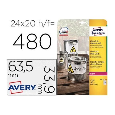 Etiqueta adhesiva avery poliester blanco 63,5x33,9 mm para impresora laser pack de 480 unidades