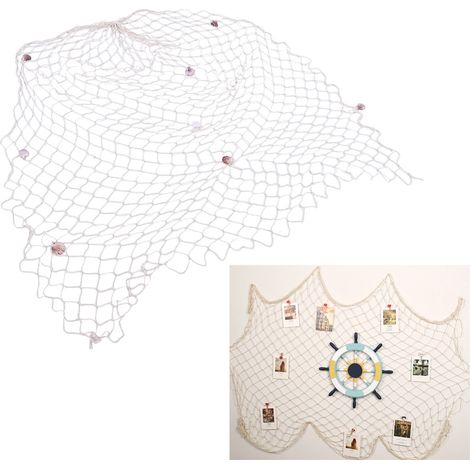 Décoration murale en filet de pêche avec coquillages beiges, idéale pour une fête sur le thème de l'océan ou de la mer. (1/5)