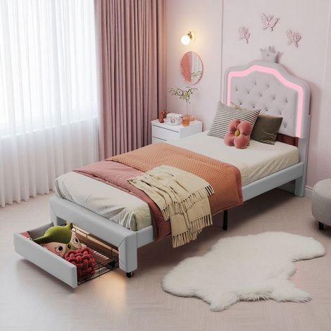 Bett Kind 90x200 cm, YTT, LED, Krone Erscheinung, Mädchenbett, Bettgestell 90x200 cm, Einzelbett, PU-Gewebe, Weiß