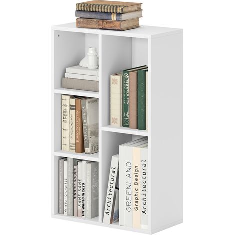 2-Ebenen-Bücherregal, 5 Fächer, Spanplatte, Aufbewahrungsregal, Weiß