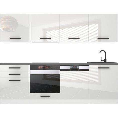 Belini – Cuisine complète 240 cm – Blanc brillant – Corps en panneaux de particules 16 mm – Système de fermeture douce – Tiroirs en métal avec roulement (1/4)