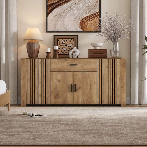 Buffet salon 160 x 40 x 75 cm effet bois 4 portes 1 tiroir étagères réglables, fermeture douce rangement séjour scandinave nordique