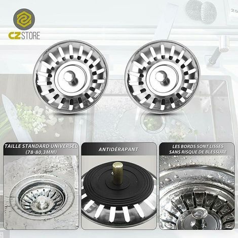 Lot de 2 Filtres d’Évier Cuisine Universels 80 mm en Acier Inoxydable avec Écrou Métallique pour Bacs Épaissis (1/3)