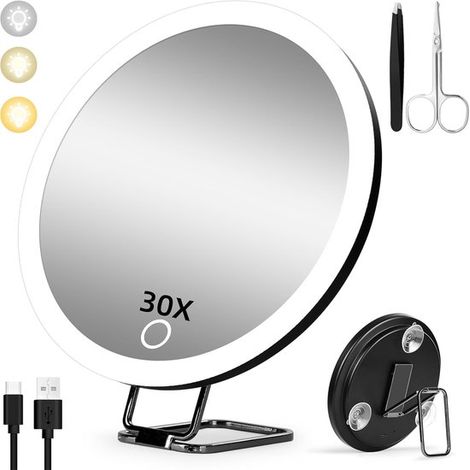 Miroir grossissant 30x avec lumière LED – Miroir de maquillage portable avec 3 modes d'éclairage, luminosité réglable, support pivotant à 360°, pince à épiler et ciseaux, miroir de voyage (1/5)