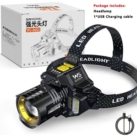 Lampe frontale LED puissante (noire) avec détecteur de mouvement, batterie rechargeable 18650 COB, lampe de poche haute puissance pour la pêche. (1/5)