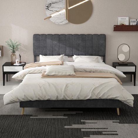 Lit rembourré moderne et minimaliste avec tête de lit souple, 160x200cm, gris, meuble de chambre multifonctionnel, sommier bas (sans rangement), matelas non inclus., garantie 2 ans (1/5)