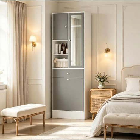 Badezimmer-Hochschrank 62x28,3x181 cm Weiß/Grau mit Wäschekorb – MEUBLIV (1/5)