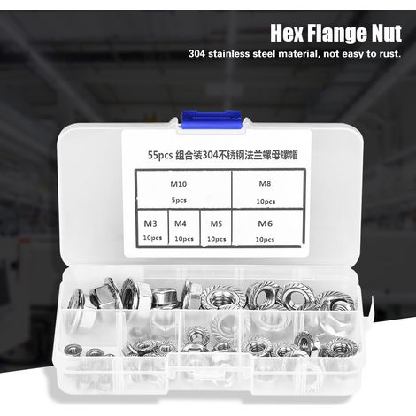 55 écrous hexagonaux en acier inoxydable M3/M4/M5/M6/M8/M10 à bride hexagonale (1/5)