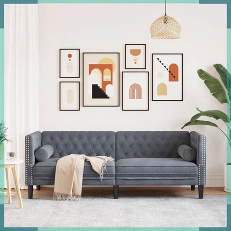 372694 Canapé Chesterfield avec traversins 3 places gris foncé velours (1/5)