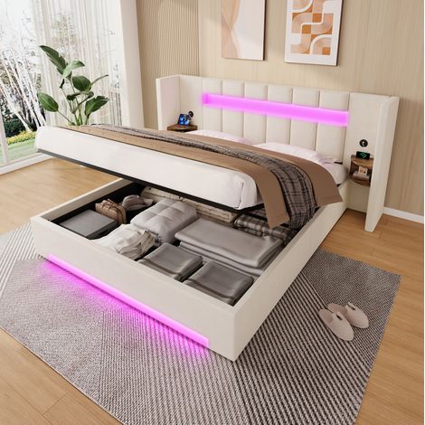 Lit coffre 180 x 200 cm en velours beige avec USB, LED et rangements intégrés – couchage (1/5)