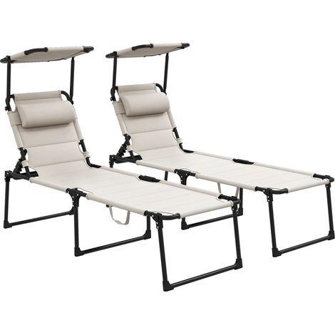 Set di 2 lettini prendisole pieghevoli extra comfort con schienale regolabile e parasole multiposizione, color crema.