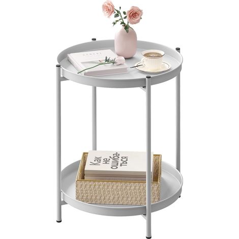 Table Basse Ronde WOLTU, Table de Chevet, Table d'Appoint, Table Salon avec 2 Plateaux Amovibles,en Métal,Gris Clair (1/5)
