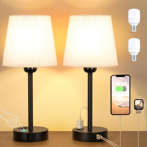 Lampe de chevet tactile avec ports USB-A+C+AC, lot de 2 lampes de table, variateur 3 positions, blanc cassé, idéale pour chambre, salon, chambre d'enfant, bureau (ampoule incluse) [Classe énergétique (1/5)