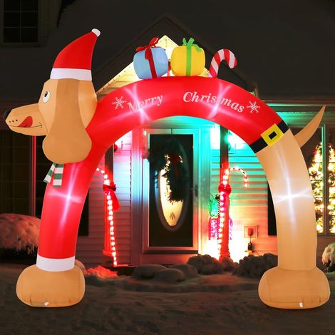 GOPLUS Arche de Noël Gonflable Géante 242 x 80 x 300 CM, Arche avec Teckel et Boîtes Cadeaux, Décoration Noel Gonflable avec Lumières LED, Souffleur Intégrée, Cordes et Piquets, pour Fête, Jardin (1/5)