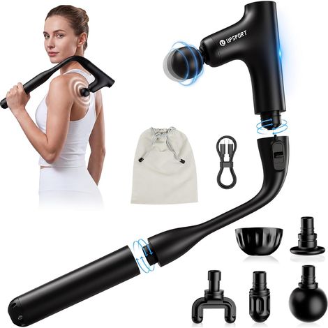 Pistolet de Massage Dos, Poignée Extensible 50cm pour Auto-Massage Force 7kg Percussion Turbo Tissus Profonds Masseur Portable Électrique pour Récupération Musculaire, 4 Têtes 4 Vitesses TypeC (1/5)