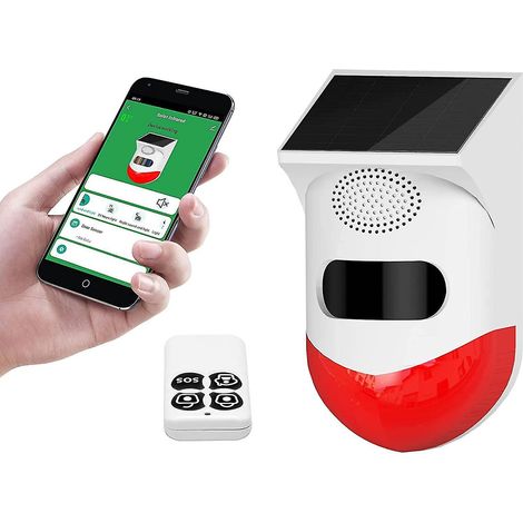 Alarme lumineuse stroboscopique solaire avec détecteur de mouvement et sirène extérieure avec télécommande (1/5)