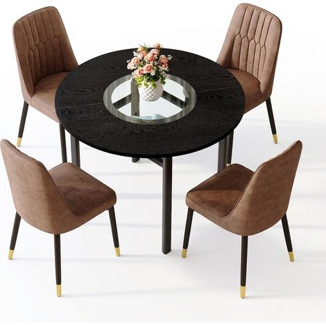 Ensemble table ronde avec 4 chaises marron, table noire de 100 cm avec plateau MDF et verre, pieds en métal noir (1/5)
