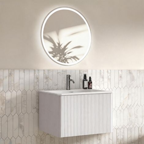 Meuble vasque 60cm avec miroir LED rond, pré-monté, meuble rayé avec tiroir, blanc, salle bain moderne, rangement lumineux et fonctionnel (1/5)