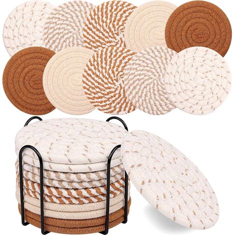 Set mit 10 runden Untersetzern mit Halter – Wärmeisolierende Untersetzer aus rutschfestem, geflochtenem Baumwollgewebe – Für Gläser – Geeignet für Getränke, Bars, Tassen und Tische – Khaki/Weiß (1/5)
