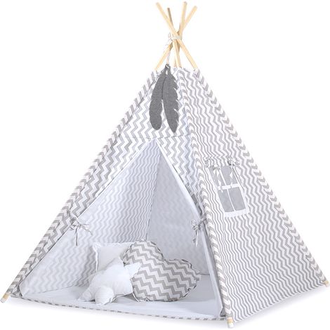 Tienda tipi infantil + colchoneta + almohadas + colgantes de plumas - Gris Chevron (1/5)