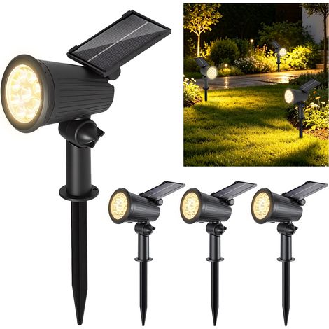 Jiubiaz Set di 4 faretti solari da esterno con 9 LED bianco caldo, faretti orientabili con picchetto per giardino, vialetto e terrazza (1/5)