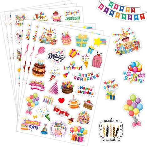 Sticker Anniversaire - Autoadhésif PVC Imperméable - 6 Feuilles 55+ Motifs Gâteau Ballons Chapeau - Décoration Cartes Albums Photos Fêtes Enfants (1/5)