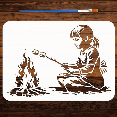 Pochoirs Guimauves Grillées avec Pinceau 21x29.7 cm Pochoirs Petite Fille Pochoir Motif La Fille Grillant des Guimauves pour Peinture sur Bois Mur Meuble DIY Déco Maison (1/5)