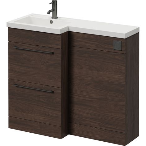 Napoli 390 Brown Oak 1000mm 2 Drawer Vanity Unit Toilet Suite with Left Hand Square Lucia Basin - 1000mm - Gunmetal Grey 320mm HandleWithout Kingston Toilet Pan