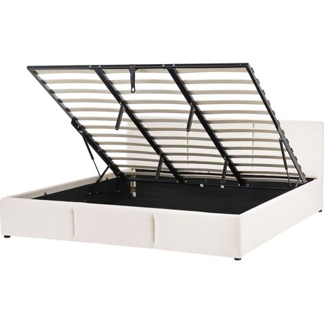 Ottoman Bed Off-White Fabric Upholstery EU Super King Size 6ft Tufted Headboard Storage Function BOUSSE