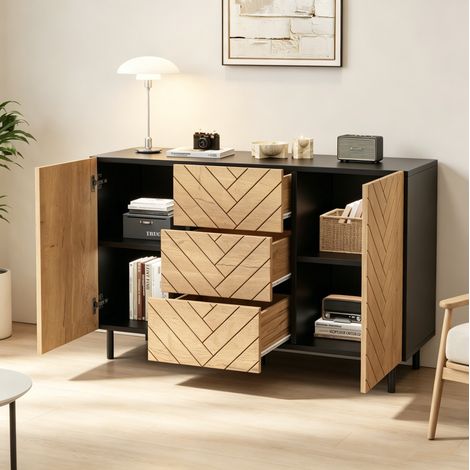 Buffet de rangement avec 3 tiroirs et 2 portes, panneau de particules, 120x40x76 cm, bois naturel (1/5)