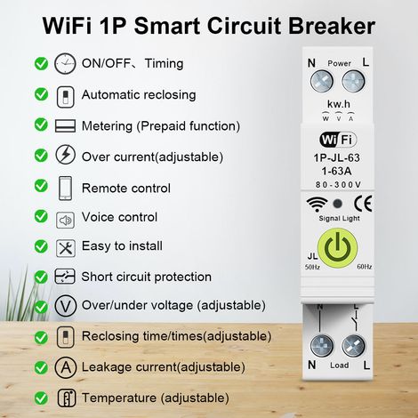 Tuya WiFi Disjoncteur intelligent ON OFF Timing Compteur d'énergie Protecteur de réenclenchement automatique avec mesure et fonction prépayée Compatible Alexa Assistant pour la commande vocale (1/5)
