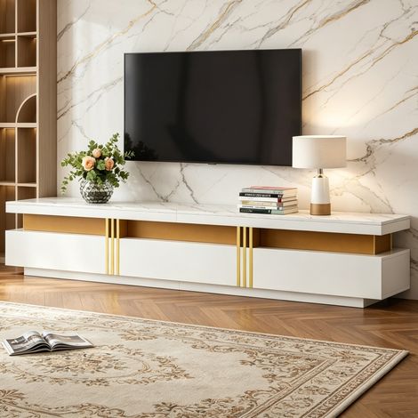 Meuble TV 200 cm - Meuble de salon - avec 3 tiroirs et design marbre - Meuble télévision avec rangement - Blanc (1/5)