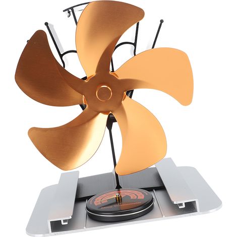 Ventilateur de poêle à bois vertical à 5 pales en alliage d'aluminium, alimenté par la chaleur, avec thermomètre intégré, pour poêle à pétrole et poêle à bois (couleur or). (1/5)