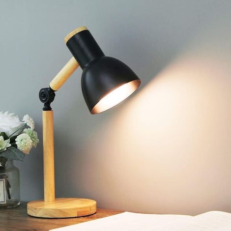 Lampe de bureau pivotante en bois - douille E27-Abat-jour en métal - lampe de table rétro avec bras articulé réglable -lampe de chevet vintage-lampe d'étude-lamp-noir [Classe énergétique A++] (1/5)