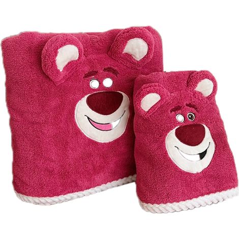 Lot 2 serviettes de bain rouge motif ours, dentelle chanvre douce, microfibre absorbante polaire corail